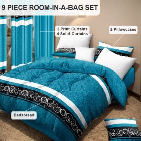 9-Piece Turquoise Swirl Bedding & Curtain Set (Queen/King/Cal King) - Quilted Microfiber Bedspread + Sheer Curtains (Option: blue/black boho-TWIN)