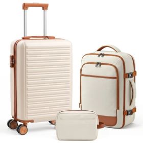 3pcs Travel Luggage Set with Backpack, Includes 20-Inch Carry-On Suitcase, Duffle Style Travel Bag, And Versatile Backpack, Durable Hard Shell, T (Option: Beige)