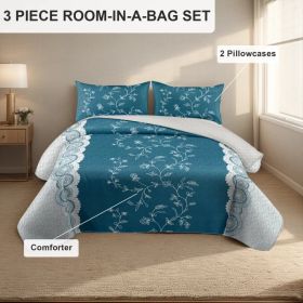3-Piece Teal Lace Floral Bedding Set (Queen/King/Cal King) - Quilted Microfiber Quilt + Pillow Shams (Option: blue flower-CAL KING)