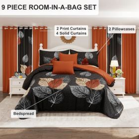 9 Piece Soft All-Season Washed Microfiber Cover Set , Queen/King/Calking Bedding Set With Pillowcases,Bedspread Print Curtains & Solid Curtains,P (Option: Brown/Black Leaf-QUEEN)