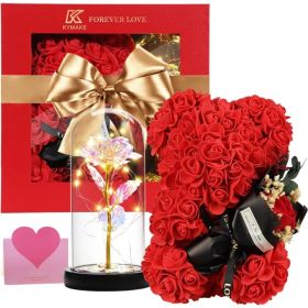 Valentines Day Gift For Her Women Mom Wife Girlfriend, Rose Bear & Beauty and the Beast-Inspired Rainbow Light-Up Roses Gift Set – Perfect for Va (Option: Red +Colorful Rose)
